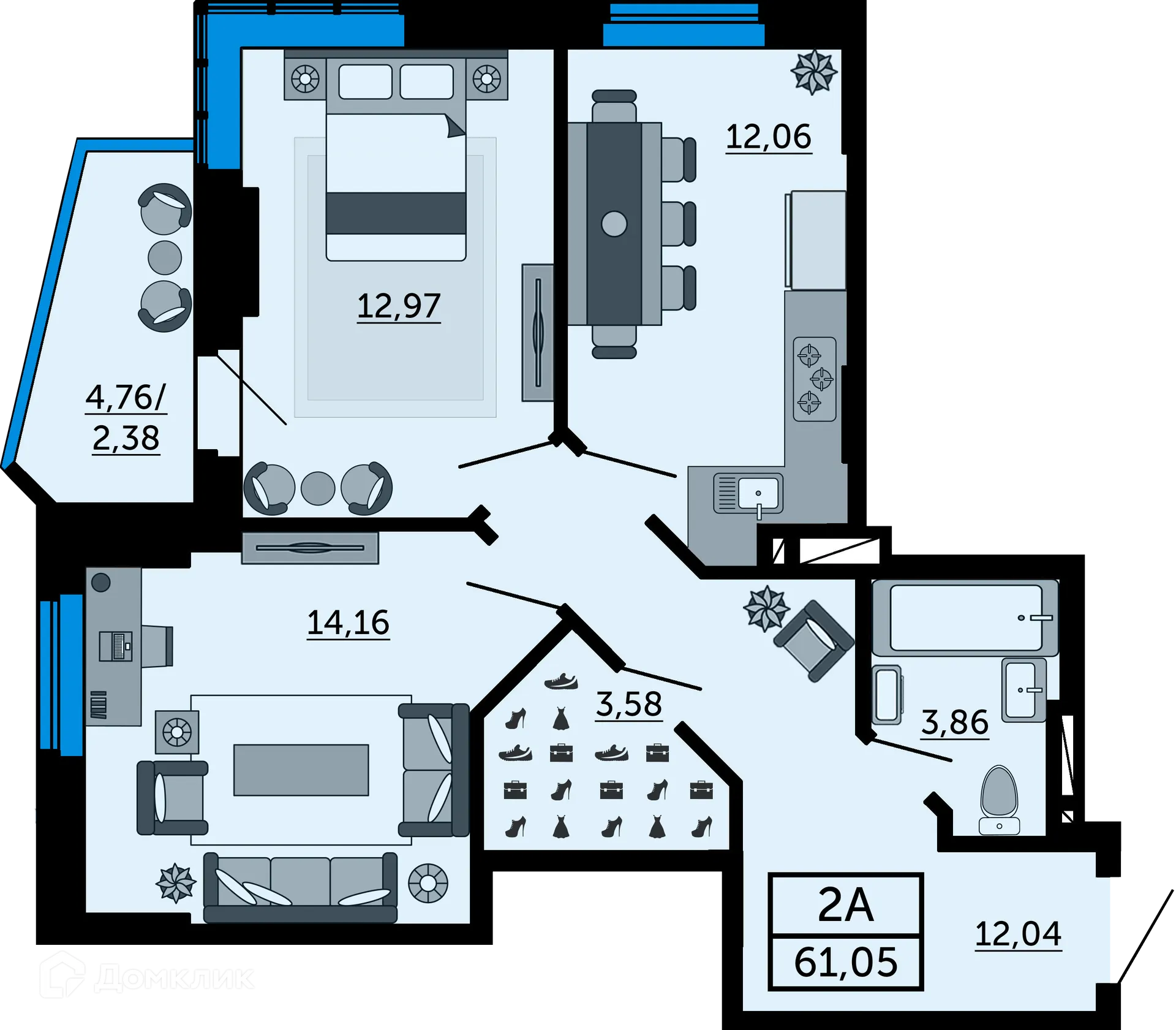 Планировка 2-комнатной квартиры 60.9 м² в ЖК Город у Реки, г. Ростов-на-Дону — фото 2