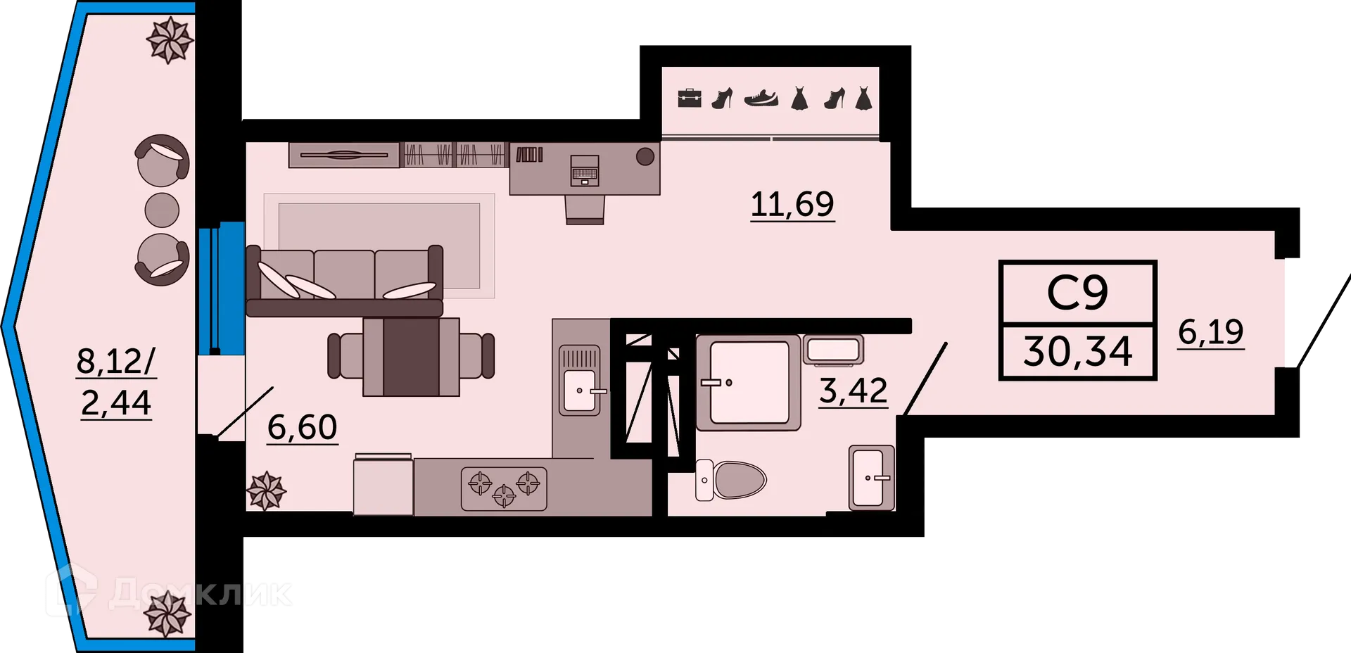 Планировка студии квартиры 30.4 м² в ЖК Город у Реки, г. Ростов-на-Дону — фото 1