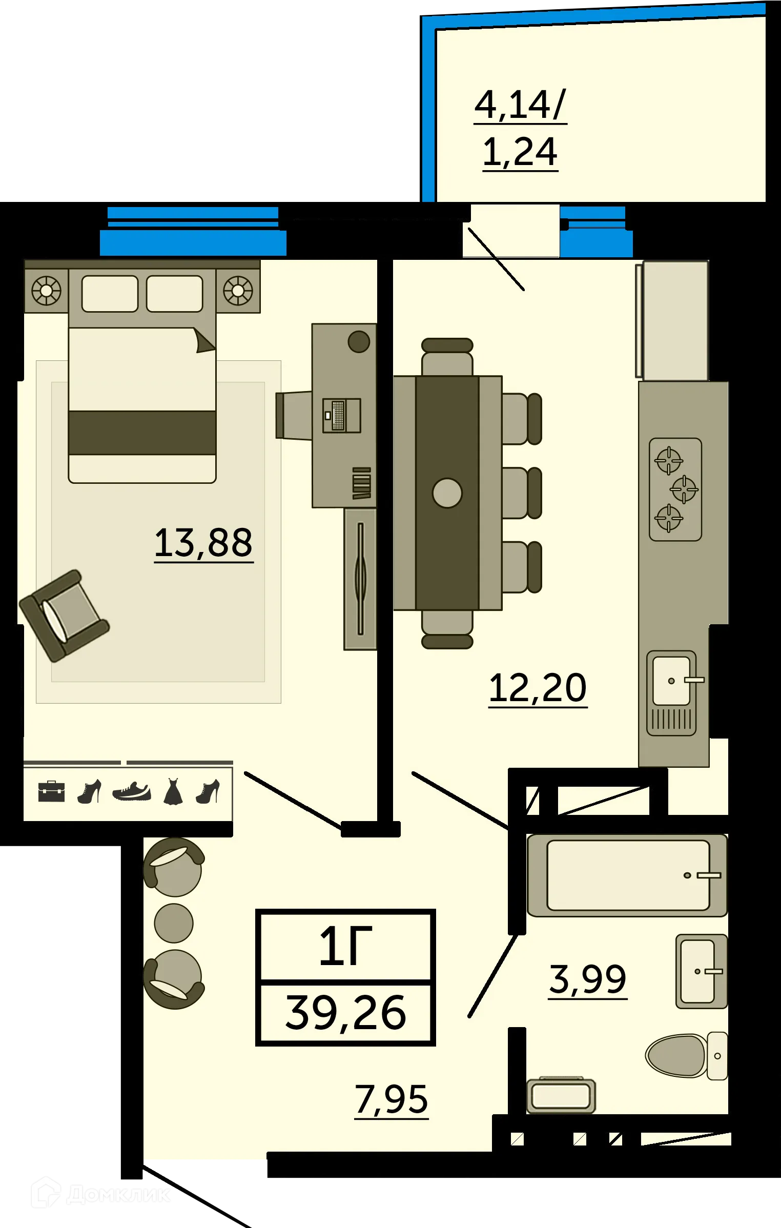 Планировка 1-комнатной квартиры 39.1 м² в ЖК Город у Реки, г. Ростов-на-Дону — фото 1