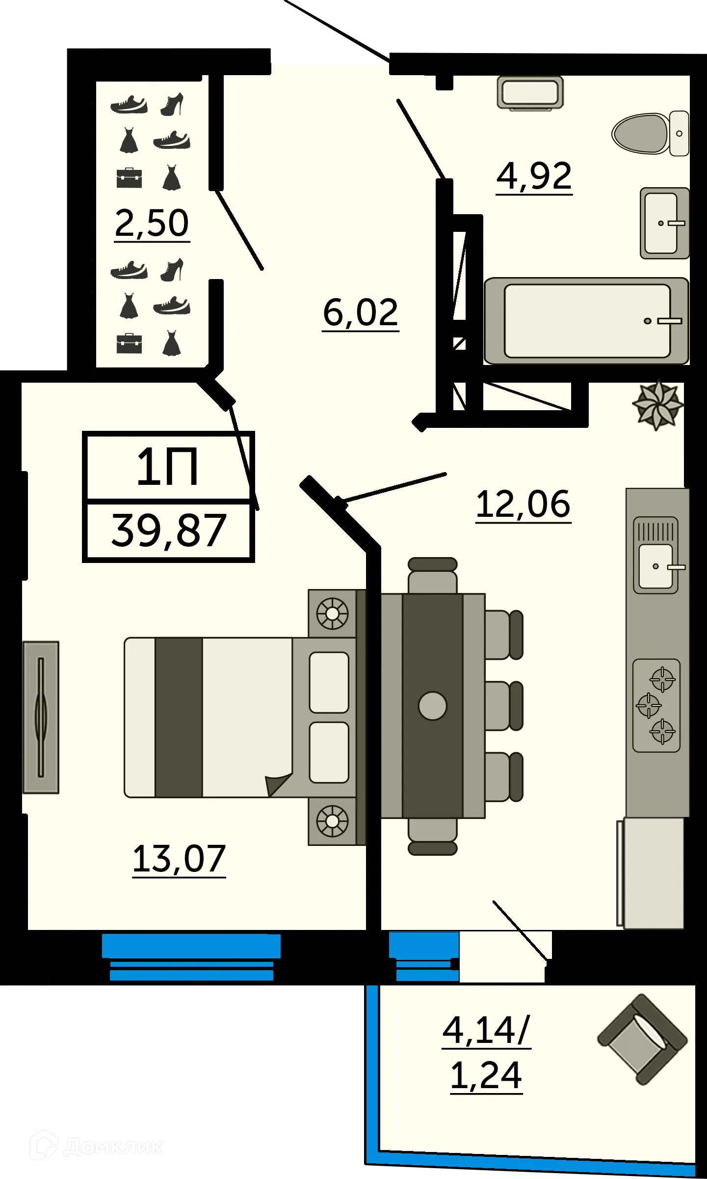 Планировка 1-комнатной квартиры 38.2 м² в ЖК Город у Реки, г. Ростов-на-Дону — фото 2