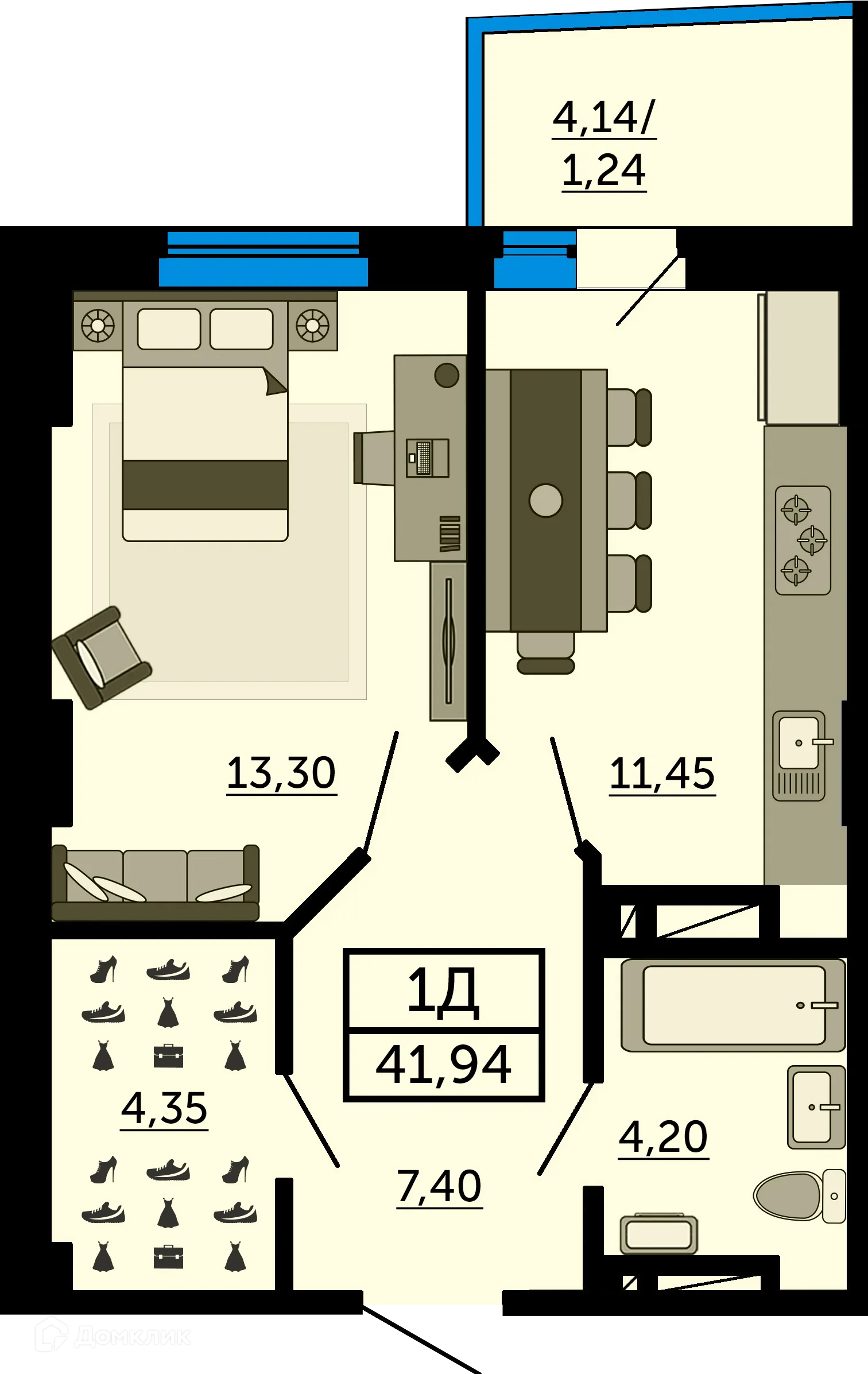 Планировка 1-комнатной квартиры 41.8 м² в ЖК Город у Реки, г. Ростов-на-Дону — фото 1