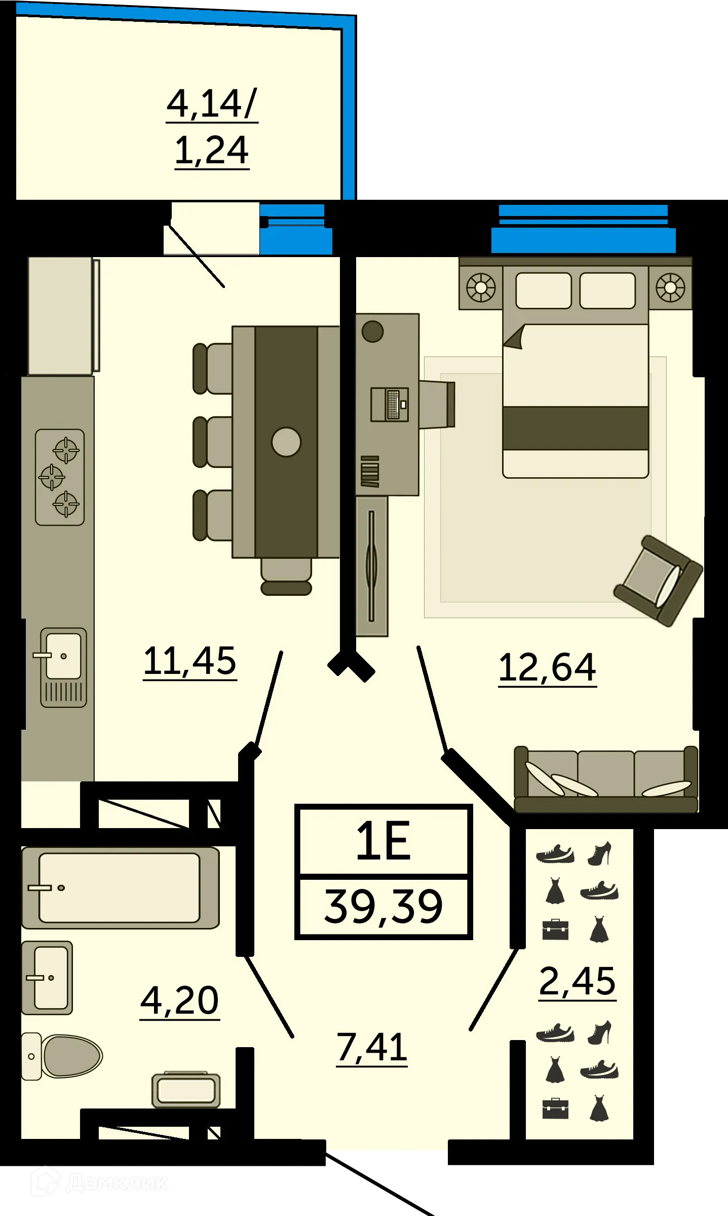 Планировка 1-комнатной квартиры 39.3 м² в ЖК Город у Реки, г. Ростов-на-Дону — фото 1