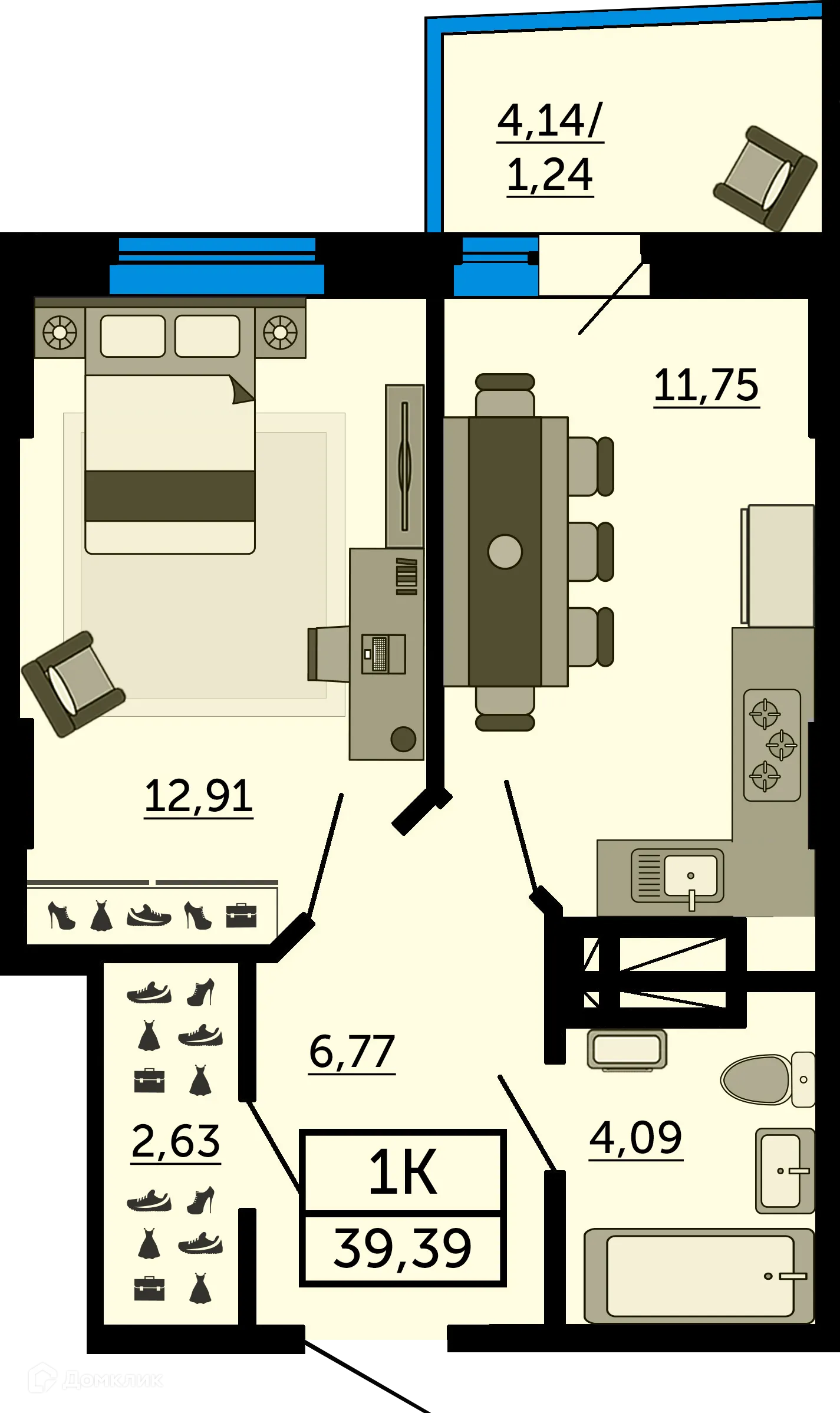 Планировка 1-комнатной квартиры 39.6 м² в ЖК Город у Реки, г. Ростов-на-Дону — фото 3