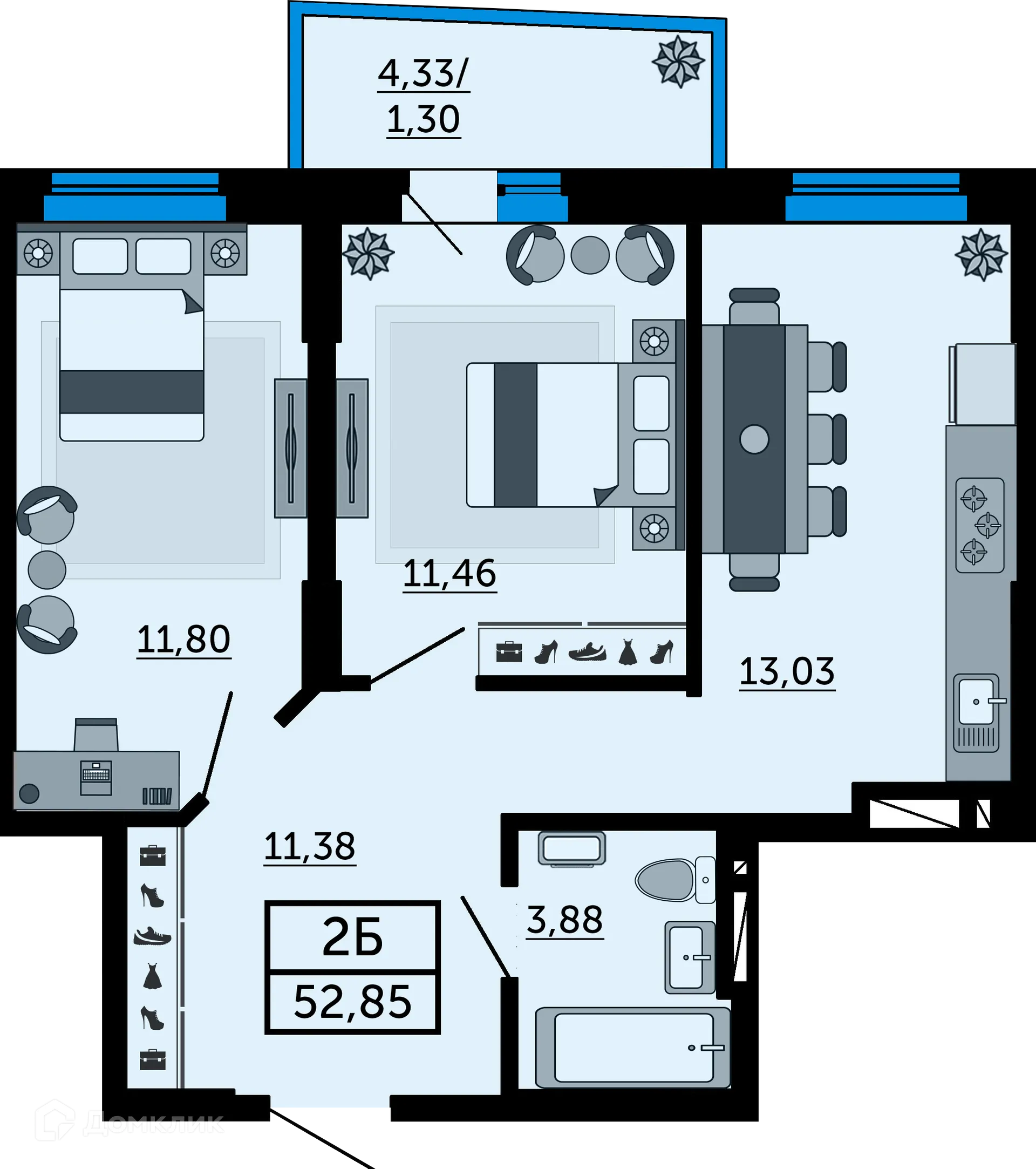 Планировка 2-комнатной квартиры 52.9 м² в ЖК Город у Реки, г. Ростов-на-Дону — фото 1