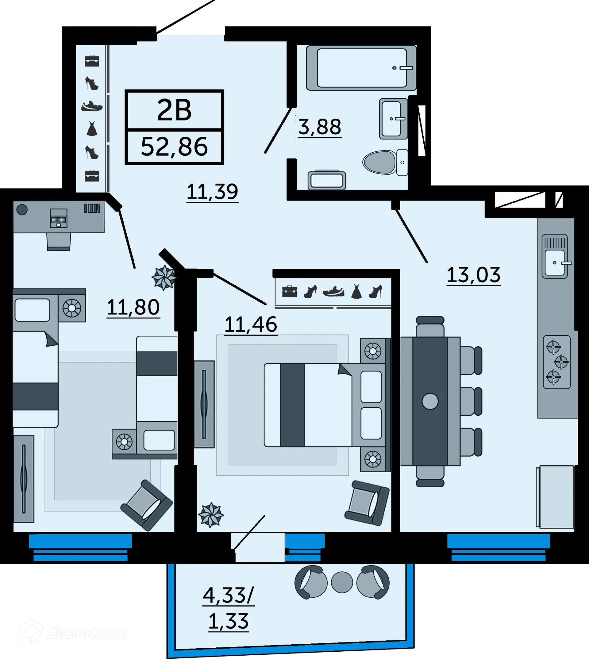 Планировка 2-комнатной квартиры 53 м² в ЖК Город у Реки, г. Ростов-на-Дону — фото 1
