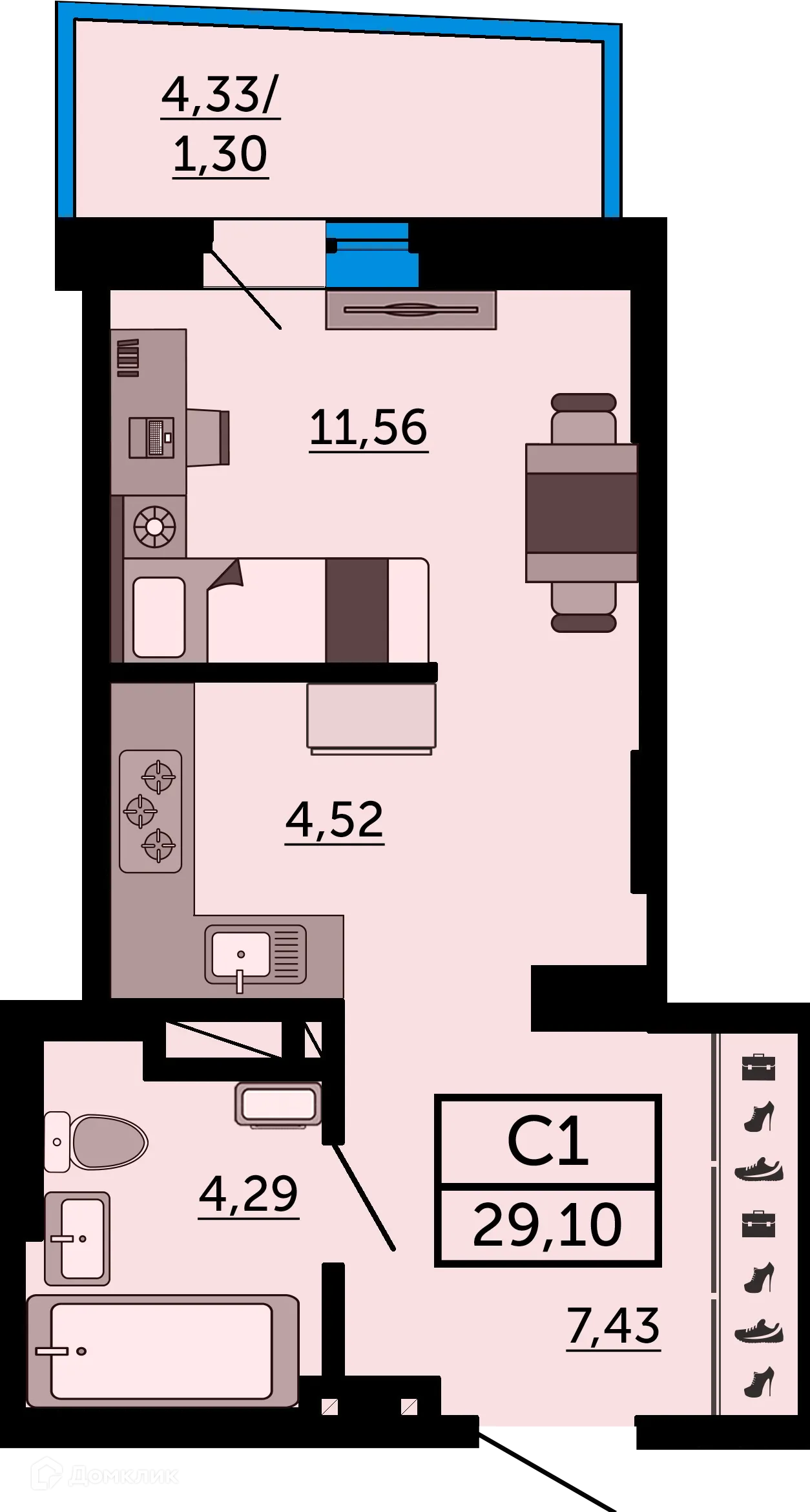 Планировка студии квартиры 29.9 м² в ЖК Город у Реки, г. Ростов-на-Дону — фото 3