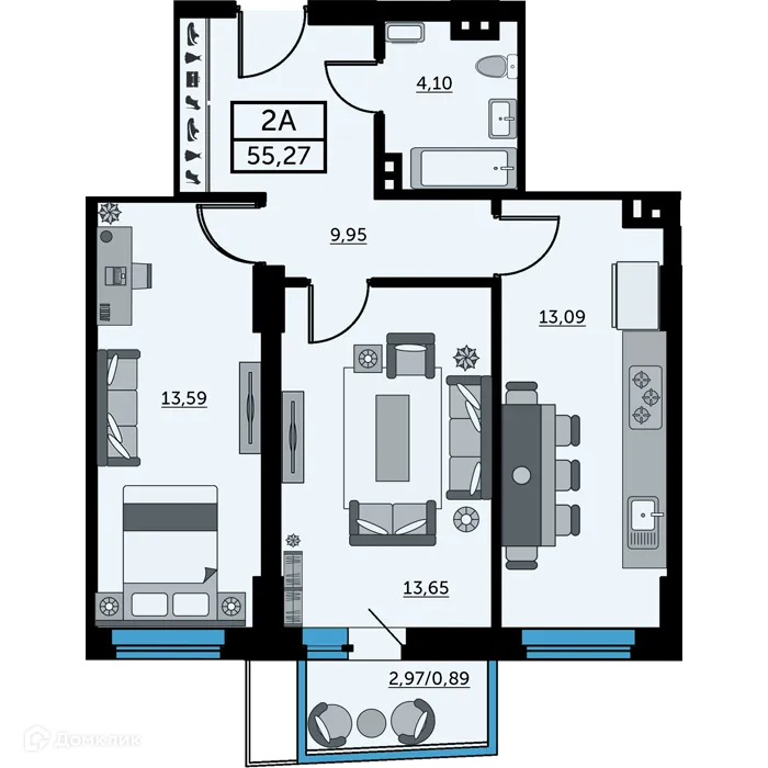 Планировка 2-комнатной квартиры 55.5 м² в ЖК Город у Реки, г. Ростов-на-Дону — фото 1