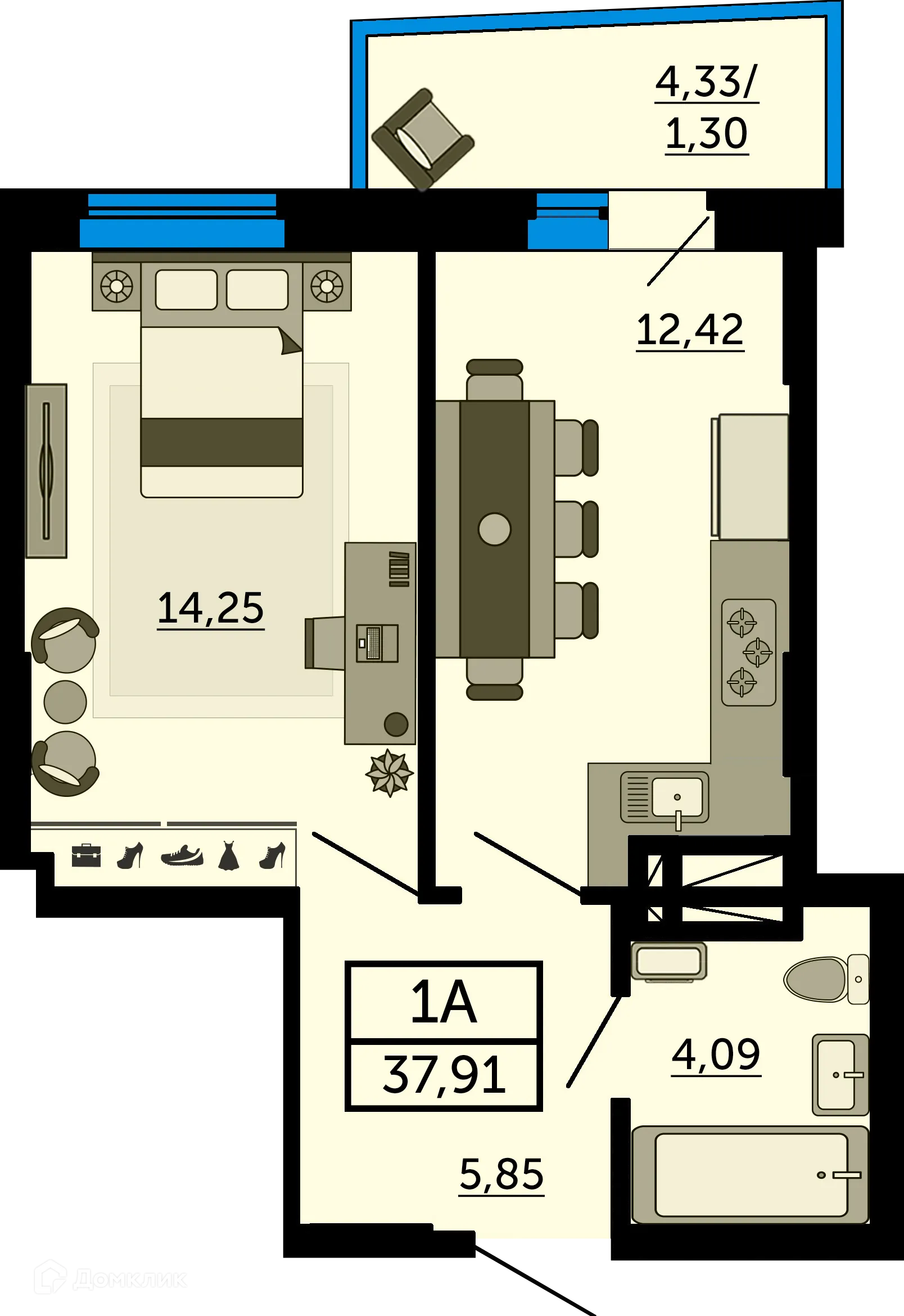 Планировка 1-комнатной квартиры 37.9 м² в ЖК Город у Реки, г. Ростов-на-Дону — фото 1