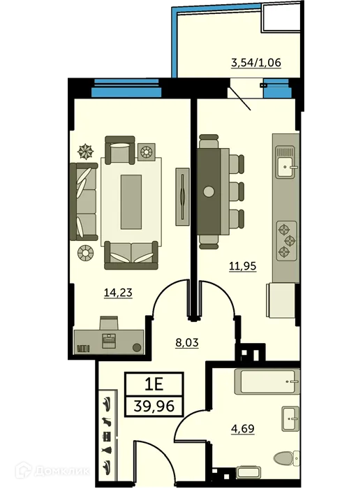 Планировка 1-комнатной квартиры 40.4 м² в ЖК Город у Реки, г. Ростов-на-Дону — фото 1