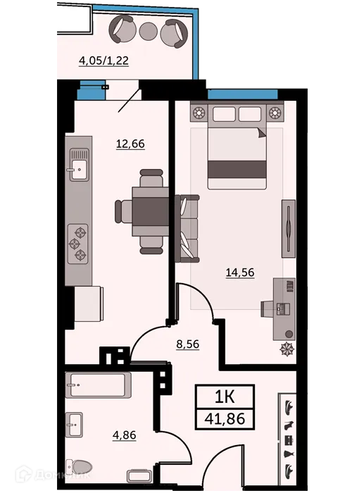 Планировка 1-комнатной квартиры 42.3 м² в ЖК Город у Реки, г. Ростов-на-Дону — фото 1