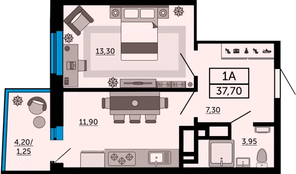 Планировка 1 комн. в ЖК Донской Арбат 2