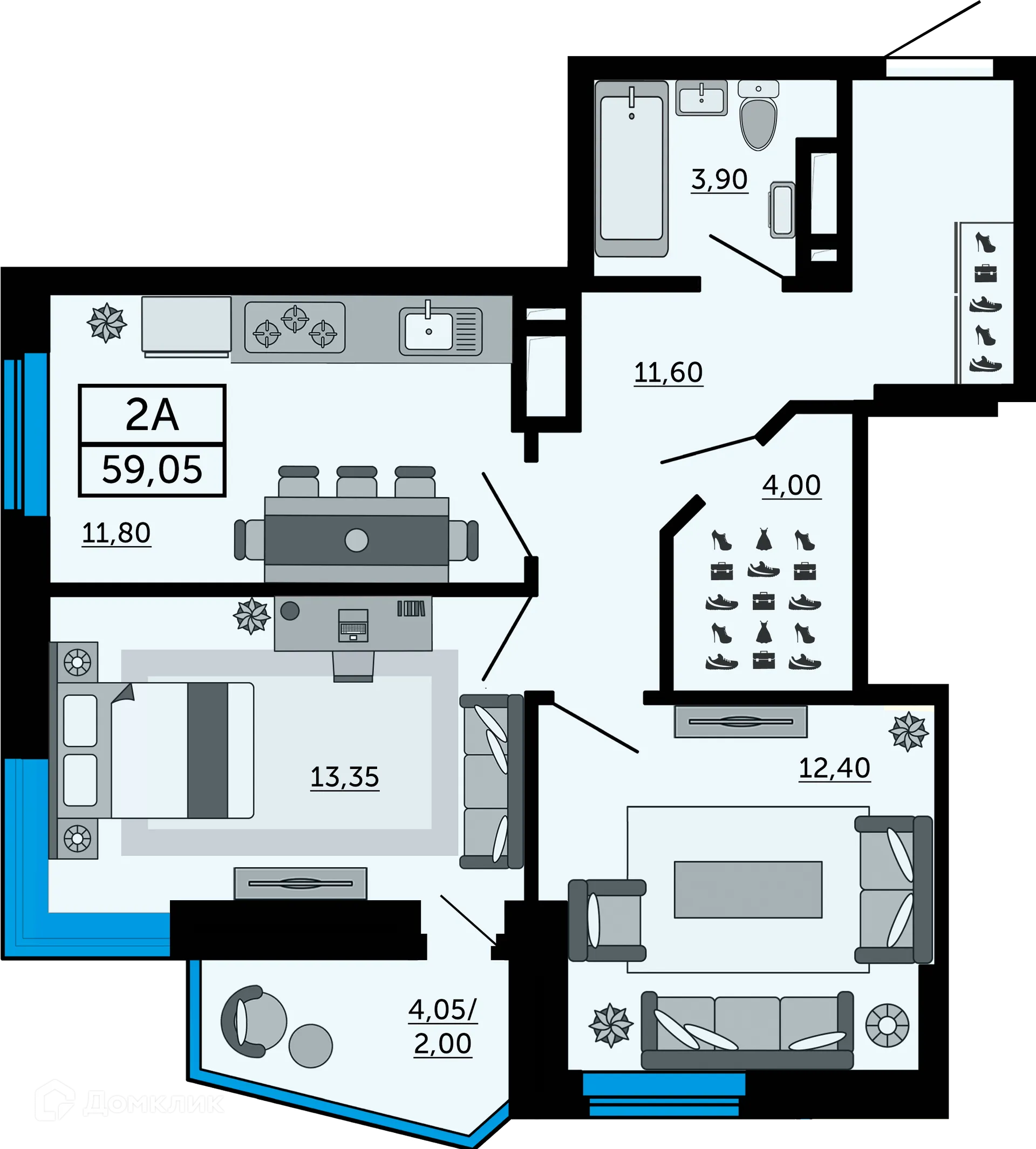 Планировка 2-комнатной квартиры 59.05 м² в ЖК Донской Арбат 2, г. Ростов-на-Дону — фото 1