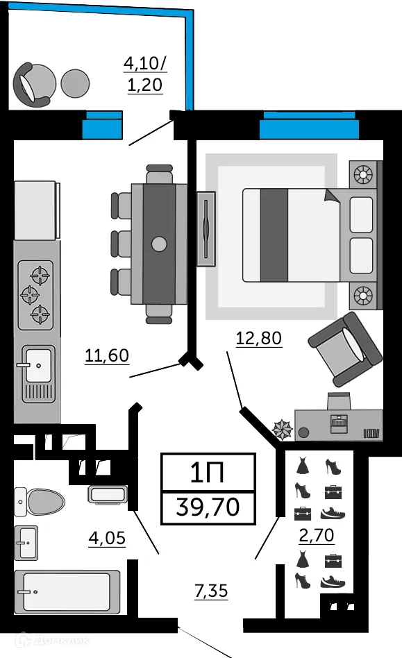 Планировка 1-комнатной квартиры 39.7 м² в ЖК Донской Арбат 2, г. Ростов-на-Дону — фото 3