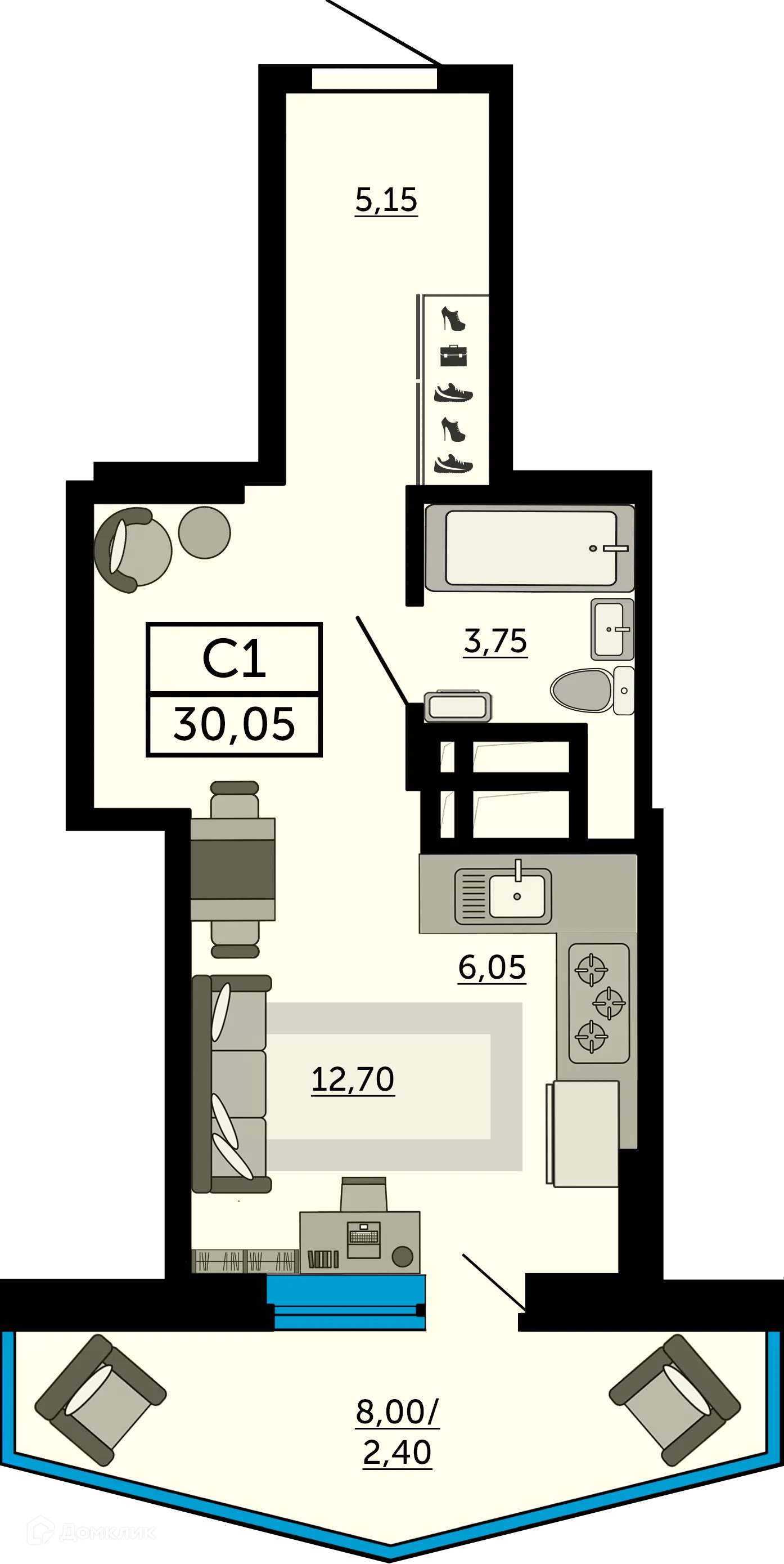 Планировка студии квартиры 30.05 м² в ЖК Донской Арбат 2, г. Ростов-на-Дону — фото 1