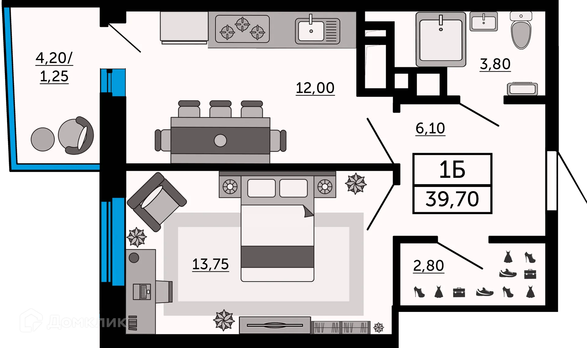 Планировка 1-комнатной квартиры 39.7 м² в ЖК Донской Арбат 2, г. Ростов-на-Дону — фото 1