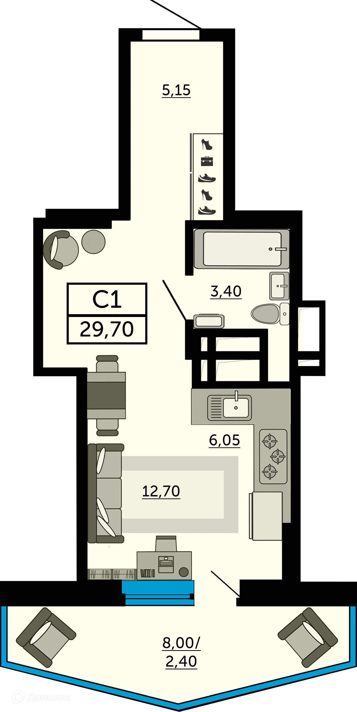 Планировка студии квартиры 29.7 м² в ЖК Донской Арбат 2, г. Ростов-на-Дону — фото 1