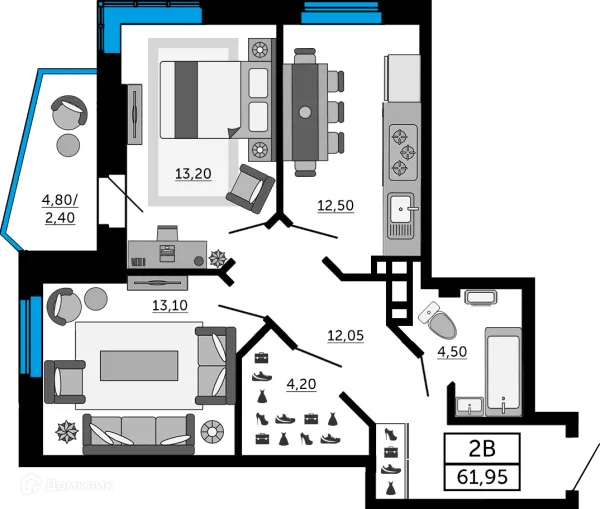 Планировка 2 комн. в ЖК Донской Арбат 2