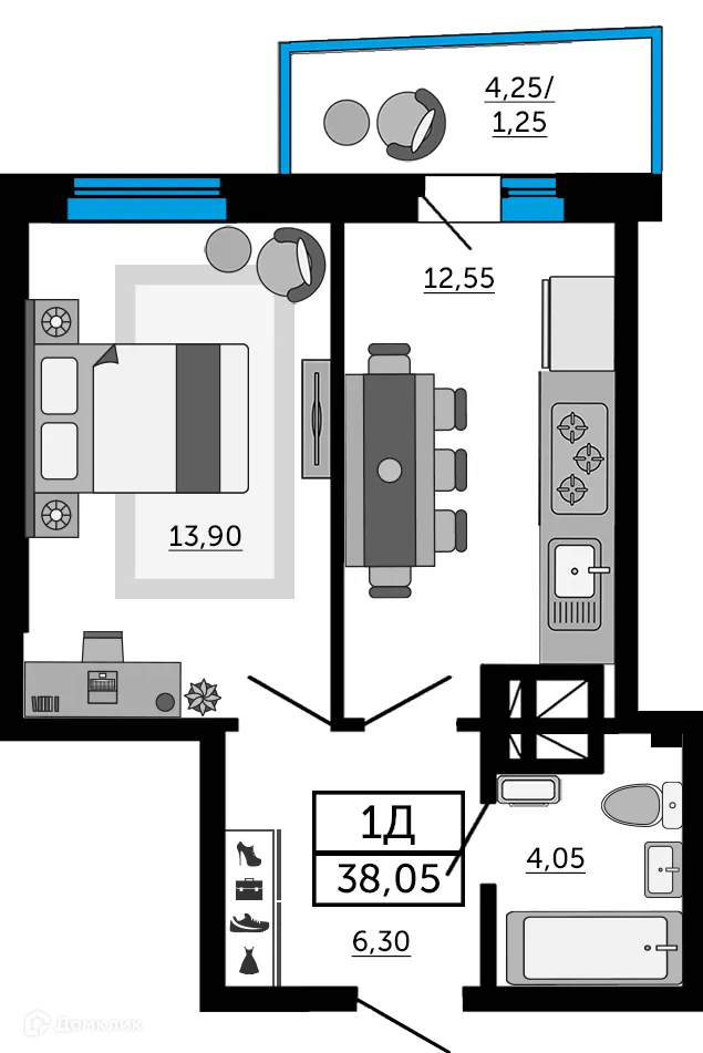 Планировка 1-комнатной квартиры 37.75 м² в ЖК Донской Арбат 2, г. Ростов-на-Дону — фото 3