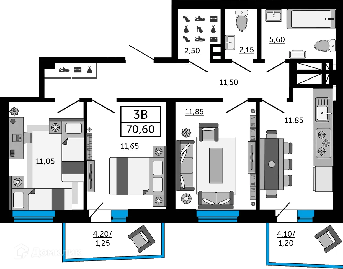 Планировка 3-комнатной квартиры 70.2 м² в ЖК Донской Арбат 2, г. Ростов-на-Дону — фото 1