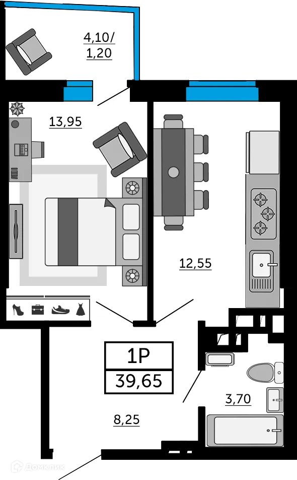 Планировка 1-комнатной квартиры 39.65 м² в ЖК Донской Арбат 2, г. Ростов-на-Дону — фото 1