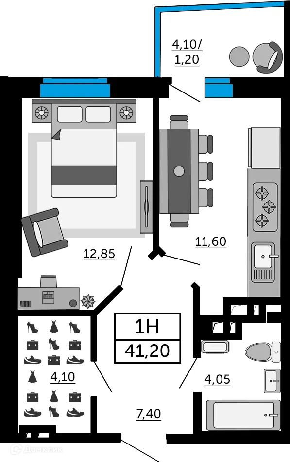 Планировка 1-комнатной квартиры 41 м² в ЖК Донской Арбат 2, г. Ростов-на-Дону — фото 1