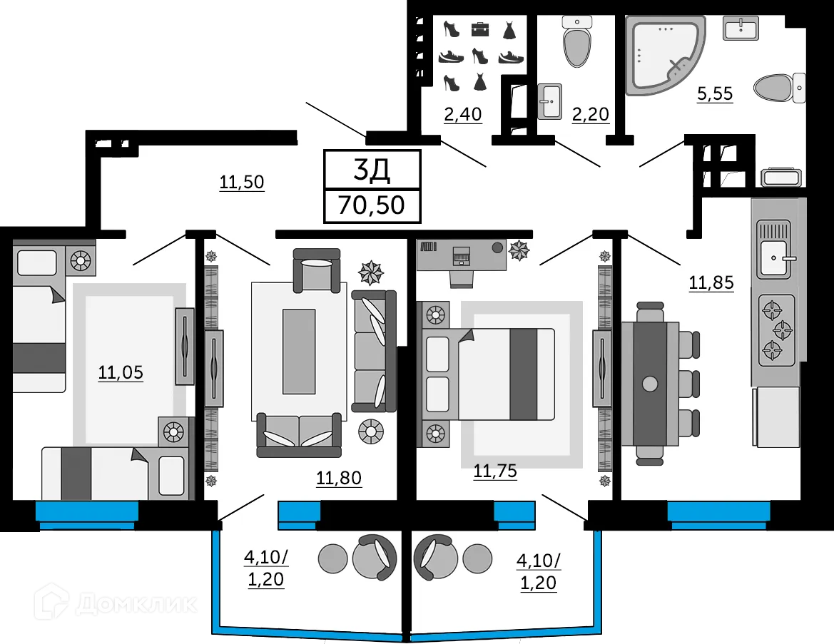 Планировка 3-комнатной квартиры 70.15 м² в ЖК Донской Арбат 2, г. Ростов-на-Дону — фото 1