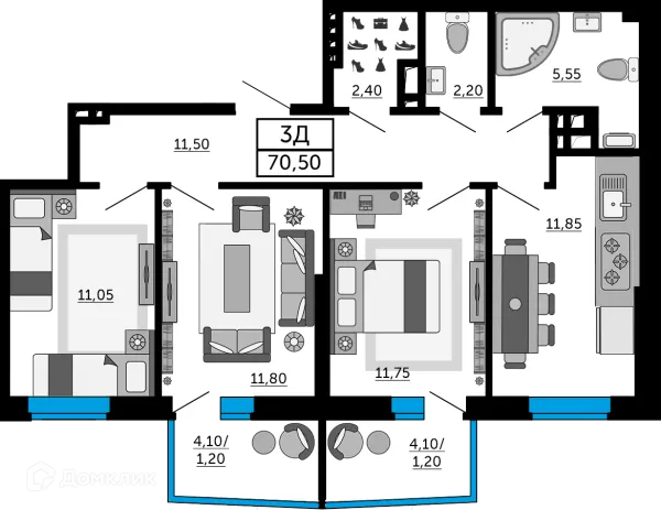 Планировка 3 комн. в ЖК Донской Арбат 2