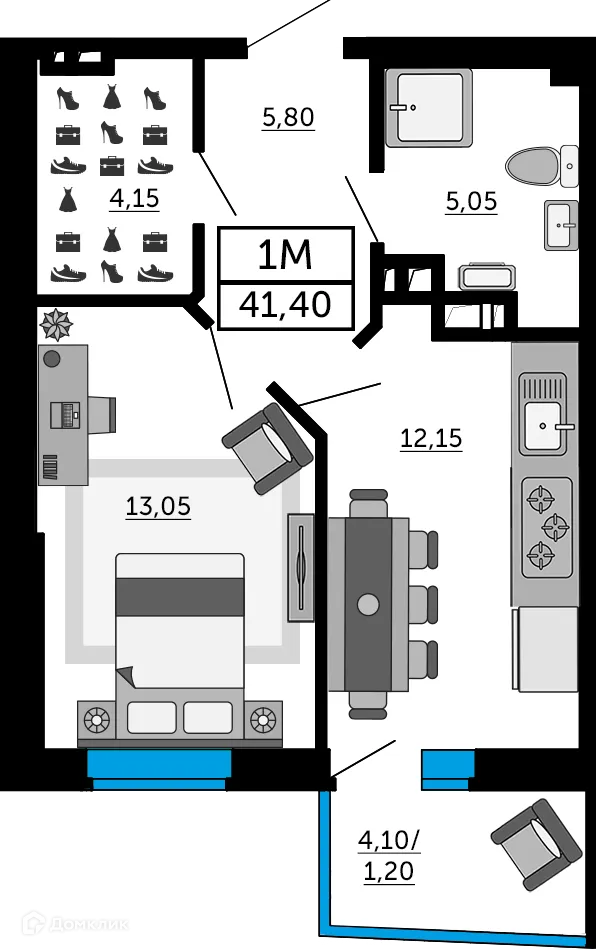 Планировка 1-комнатной квартиры 41.05 м² в ЖК Донской Арбат 2, г. Ростов-на-Дону — фото 1