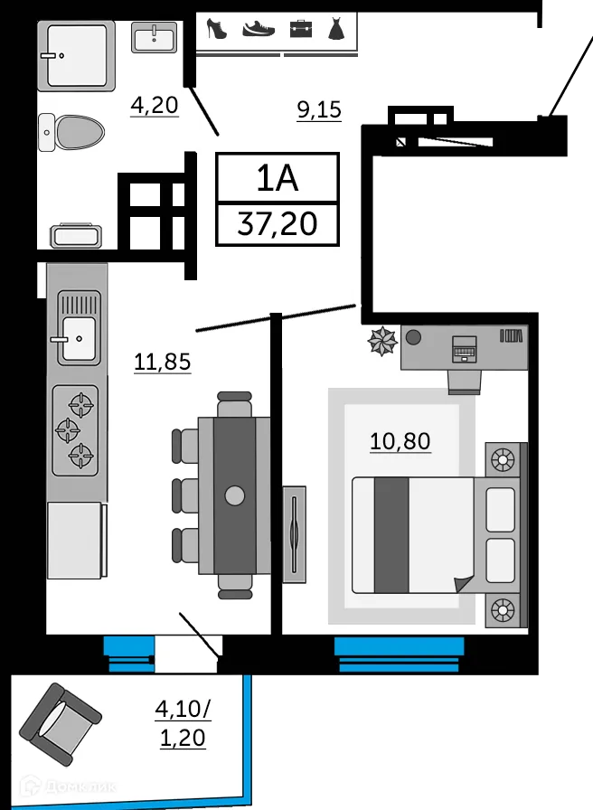 Планировка 1-комнатной квартиры 37.2 м² в ЖК Донской Арбат 2, г. Ростов-на-Дону — фото 1