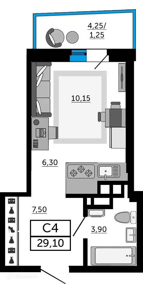 Планировка студии квартиры 29.1 м² в ЖК Донской Арбат 2, г. Ростов-на-Дону — фото 1