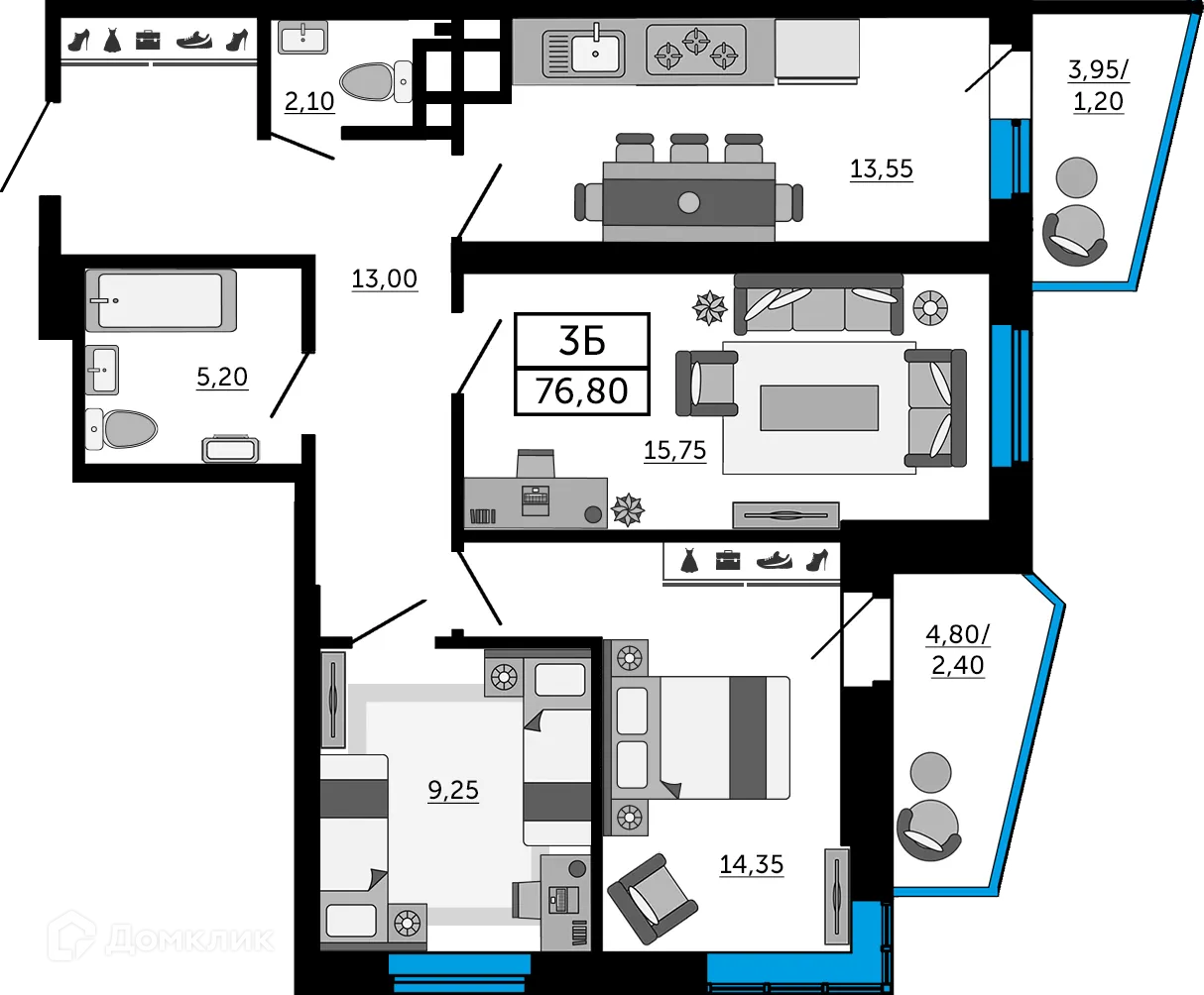 Планировка 3-комнатной квартиры 76.8 м² в ЖК Донской Арбат 2, г. Ростов-на-Дону — фото 1