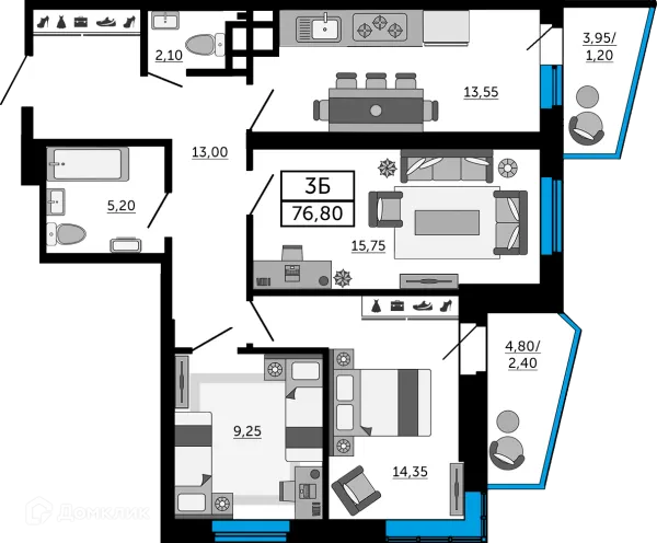 Планировка 3 комн. в ЖК Донской Арбат 2