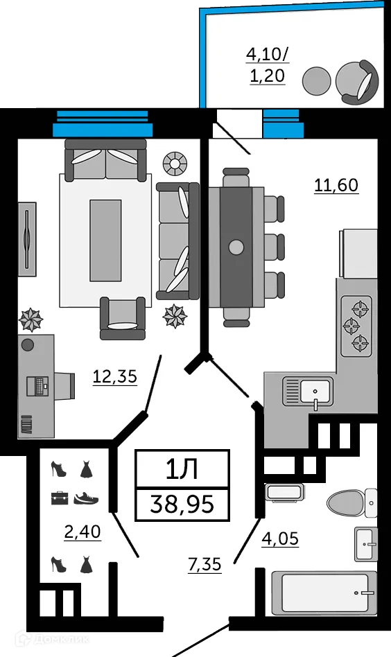 Планировка 1-комнатной квартиры 38.95 м² в ЖК Донской Арбат 2, г. Ростов-на-Дону — фото 2
