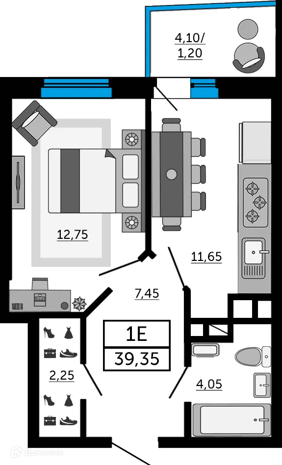 Планировка 1-комнатной квартиры 39.35 м² в ЖК Донской Арбат 2, г. Ростов-на-Дону — фото 1