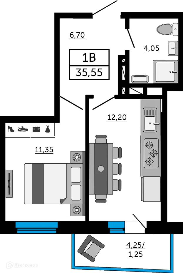 Планировка 1-комнатной квартиры 35.4 м² в ЖК Донской Арбат 2, г. Ростов-на-Дону — фото 1