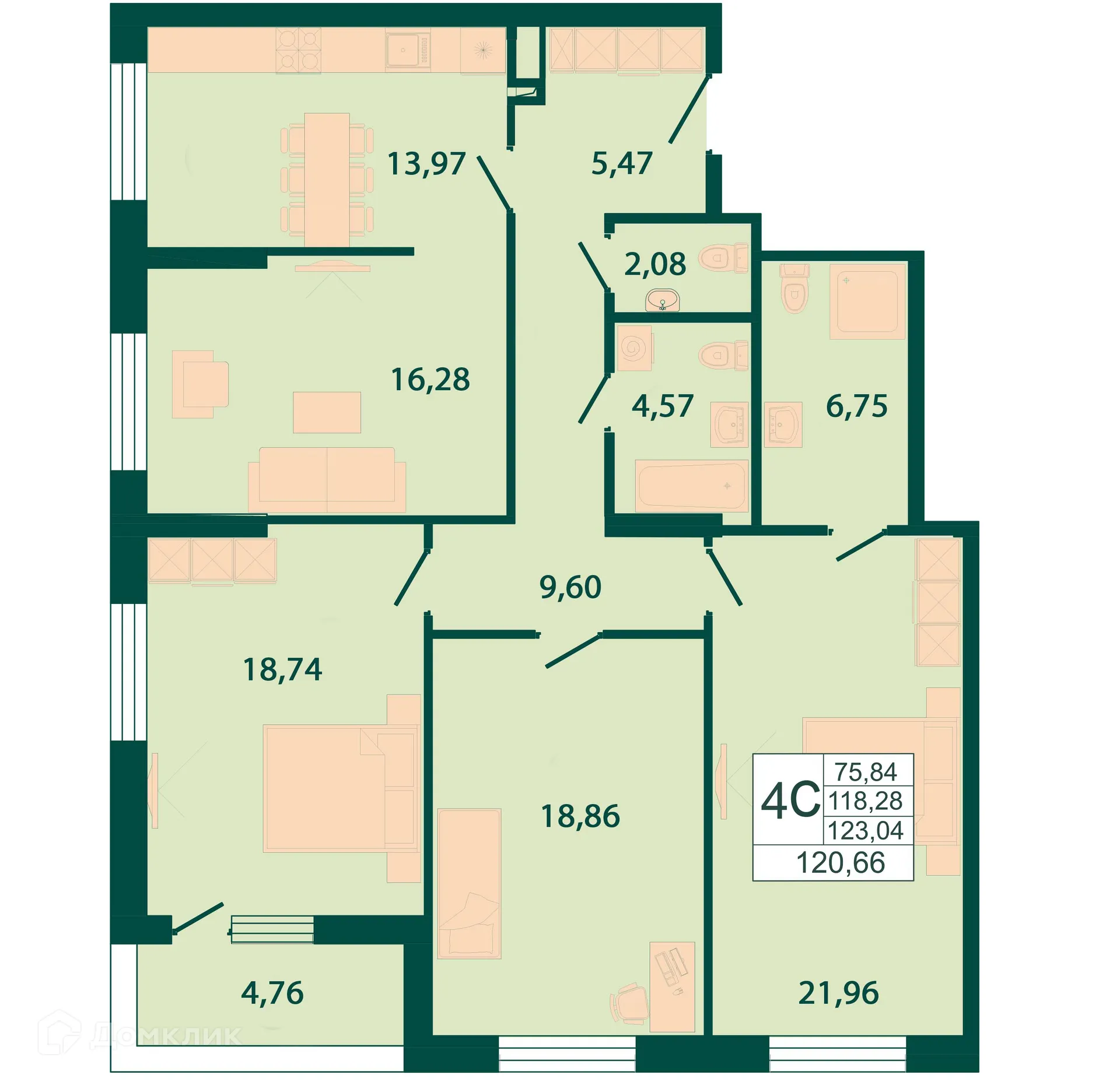 Планировка 3-комнатной квартиры 120.66 м² в ЖК "Северный бульвар", г. Ростов-на-Дону — фото 1