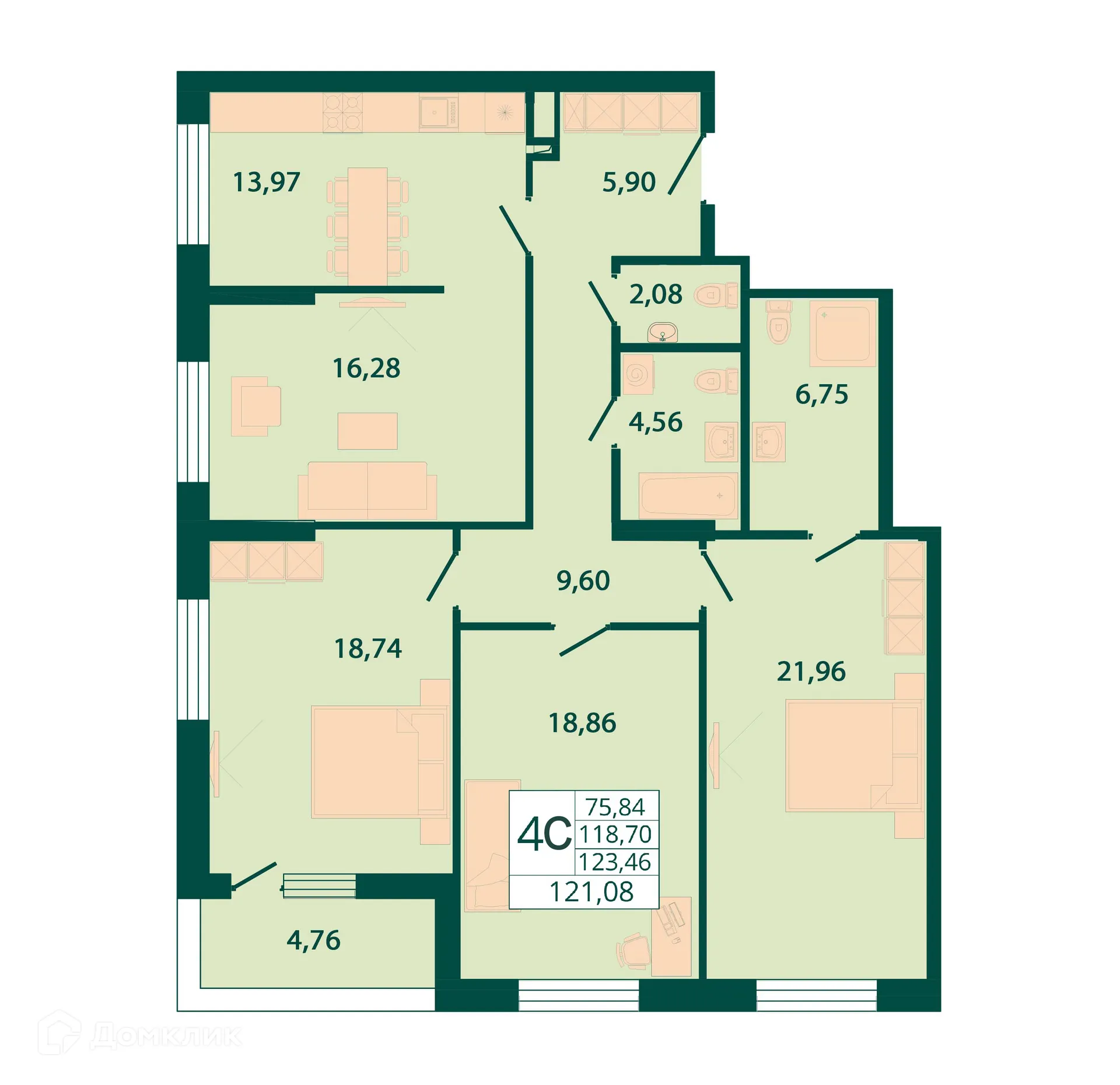 Планировка 4-комнатной квартиры 121.08 м² в ЖК "Северный бульвар", г. Ростов-на-Дону — фото 1