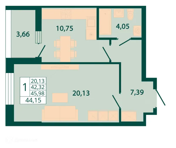 Планировка 1 комн. в ЖК "Северный бульвар"