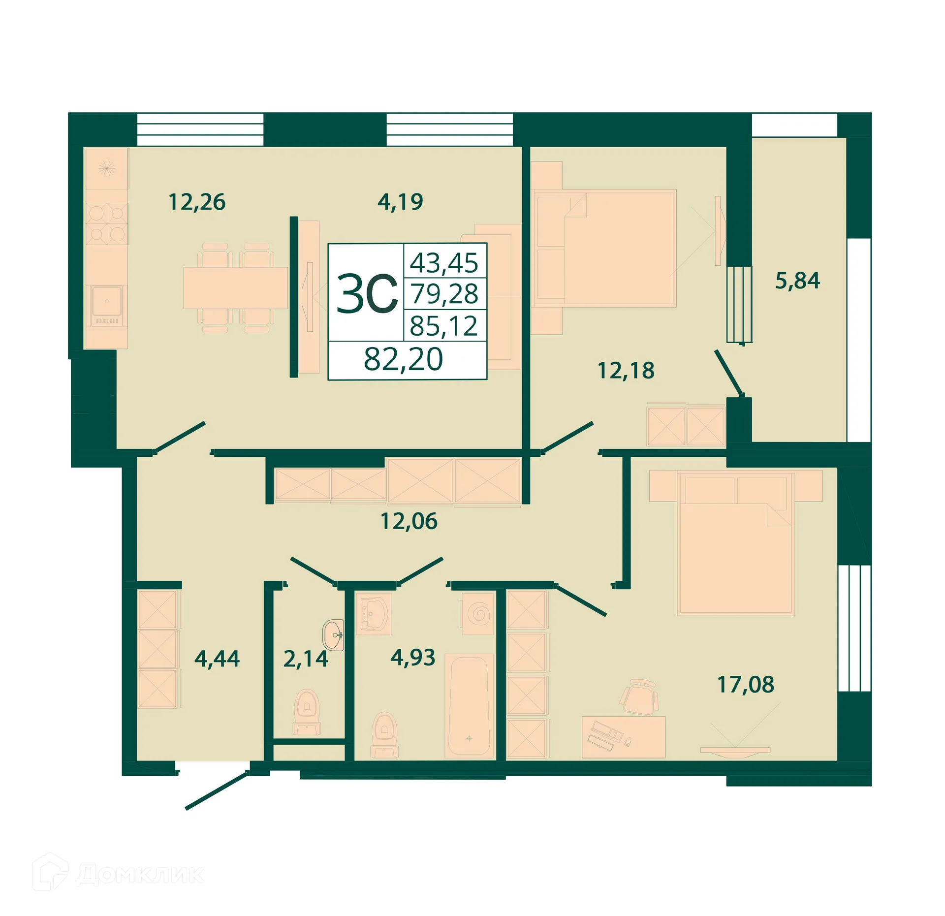 Планировка 2-комнатной квартиры 82.2 м² в ЖК "Северный бульвар", г. Ростов-на-Дону — фото 1