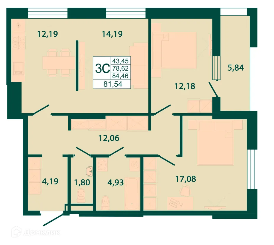 Планировка 2-комнатной квартиры 81.54 м² в ЖК "Северный бульвар", г. Ростов-на-Дону — фото 1
