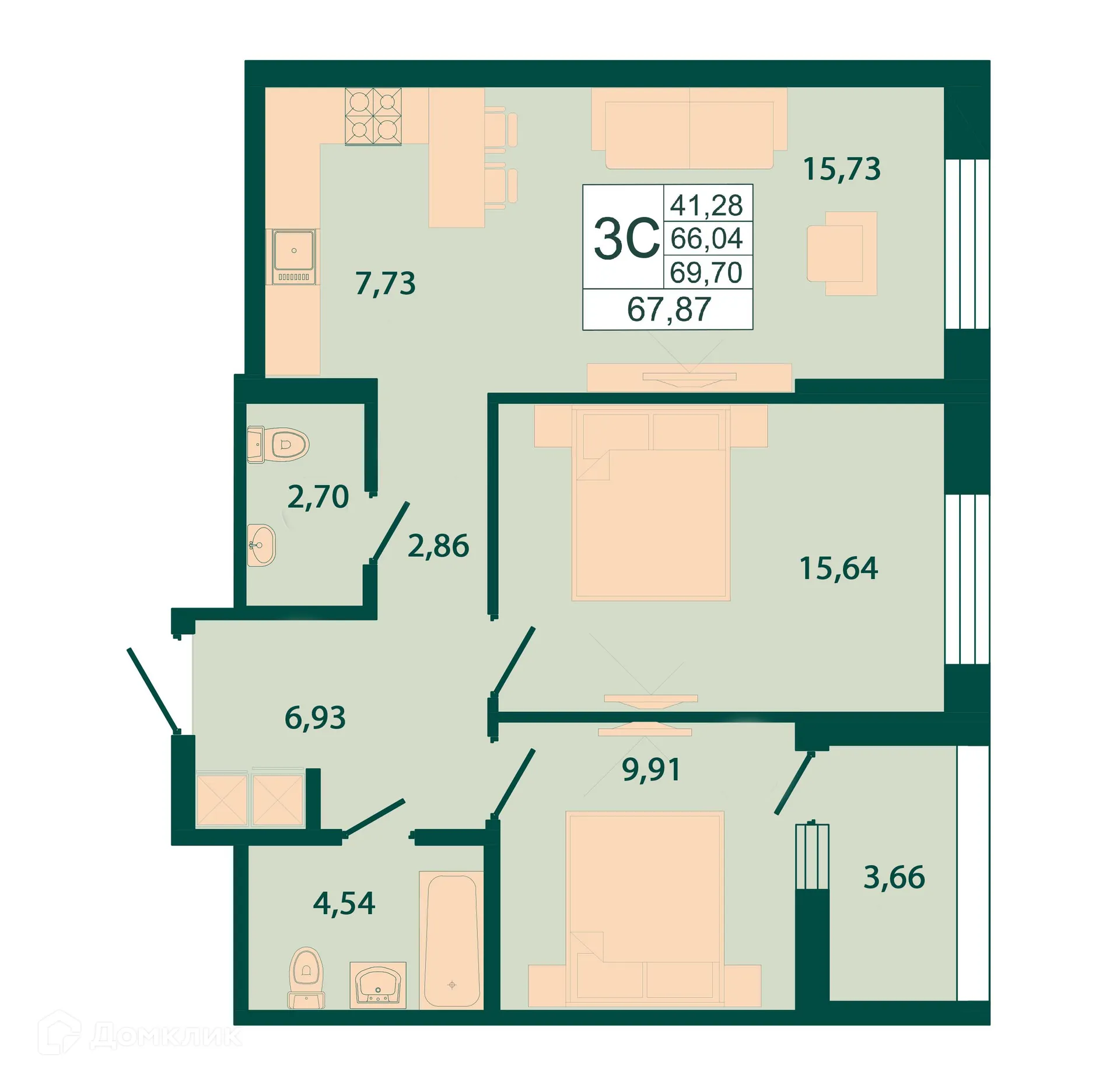 Планировка 2-комнатной квартиры 67.87 м² в ЖК "Северный бульвар", г. Ростов-на-Дону — фото 1