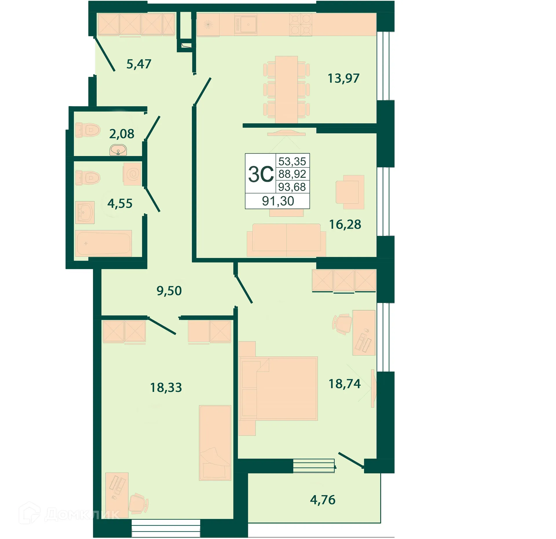 Планировка 2-комнатной квартиры 91.3 м² в ЖК "Северный бульвар", г. Ростов-на-Дону — фото 1