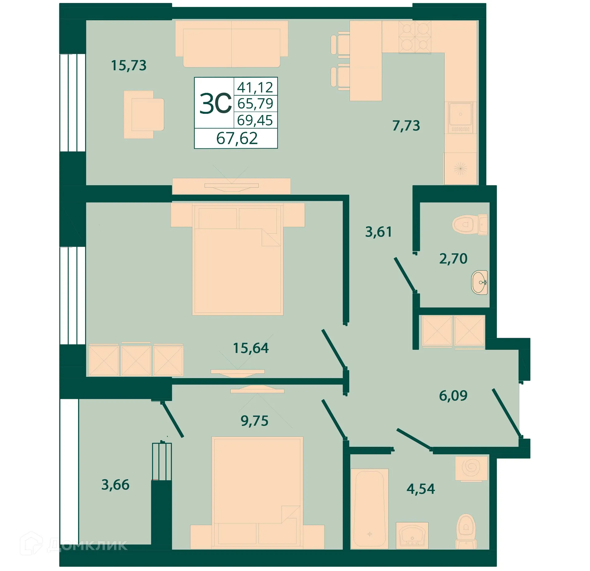 Планировка 2-комнатной квартиры 67.62 м² в ЖК "Северный бульвар", г. Ростов-на-Дону — фото 1