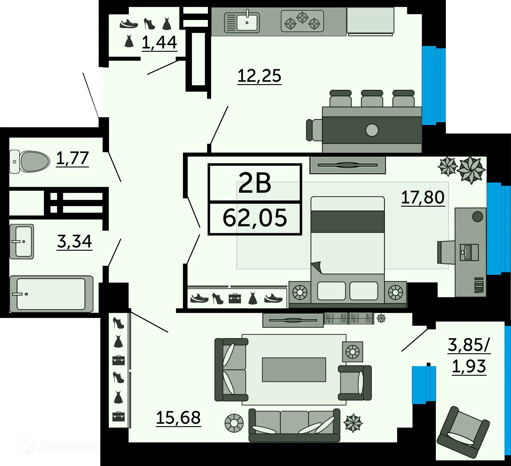 Планировка 2-комнатной квартиры 62.5 м² в ЖК "FOUR PREMIERS" (Фо Премьерс), г. Ростов-на-Дону — фото 1
