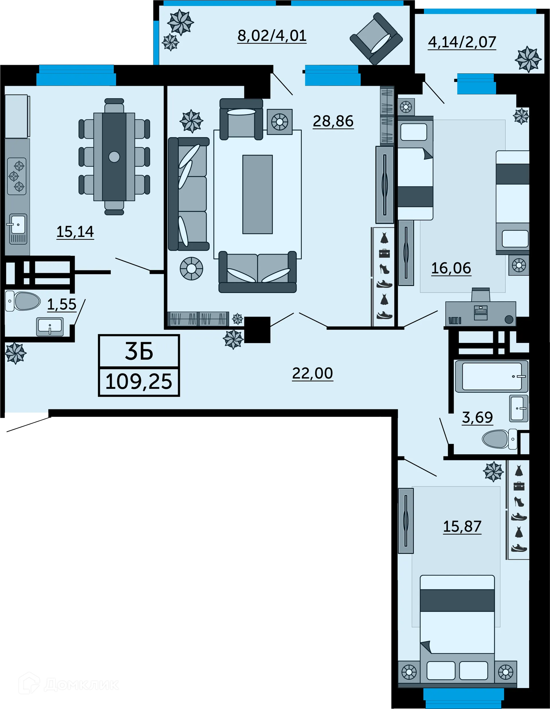 Планировка 3-комнатной квартиры 109.7 м² в ЖК "FOUR PREMIERS" (Фо Премьерс), г. Ростов-на-Дону — фото 1