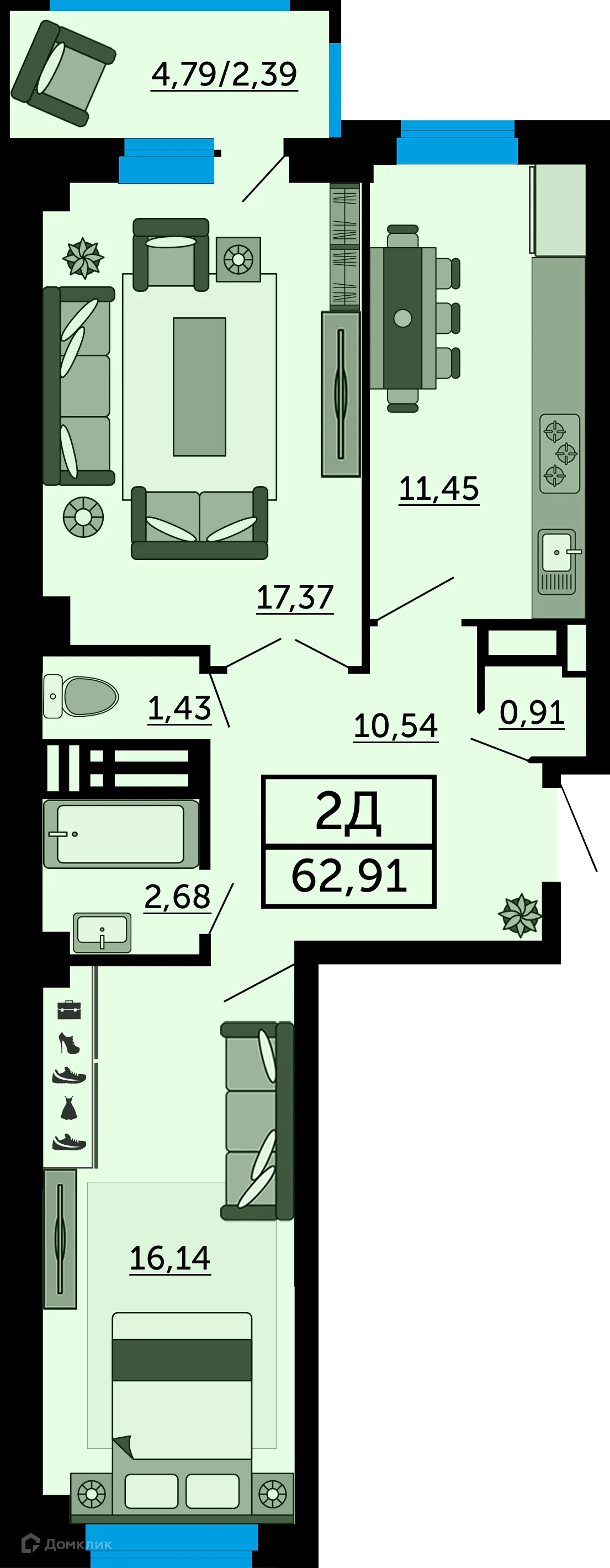 Планировка 2-комнатной квартиры 64.8 м² в ЖК "FOUR PREMIERS" (Фо Премьерс), г. Ростов-на-Дону — фото 1