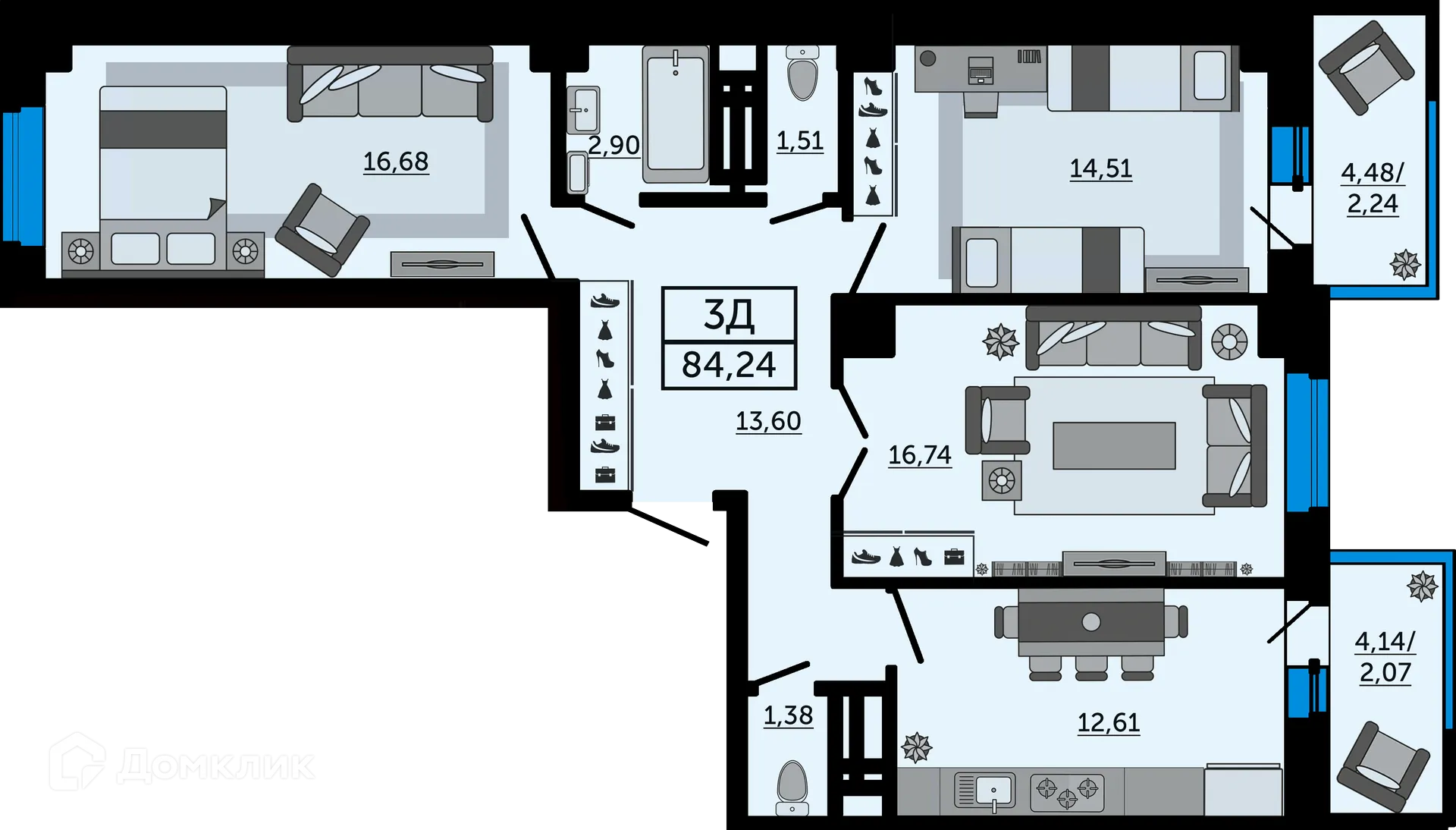 Планировка 3-комнатной квартиры 84.24 м² в ЖК "FOUR PREMIERS" (Фо Премьерс), г. Ростов-на-Дону — фото 1