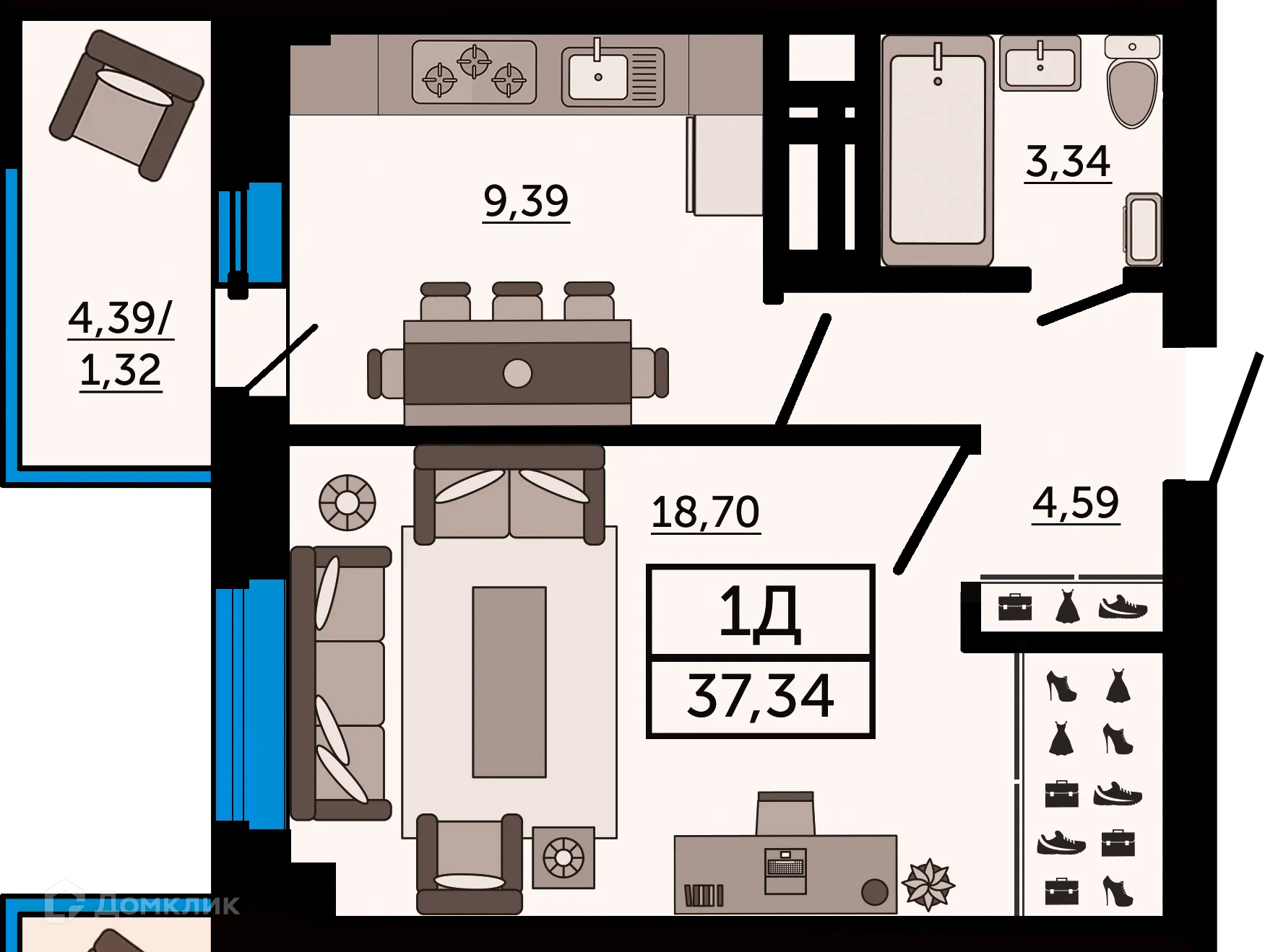Планировка 1-комнатной квартиры 37.34 м² в ЖК "FOUR PREMIERS" (Фо Премьерс), г. Ростов-на-Дону — фото 1