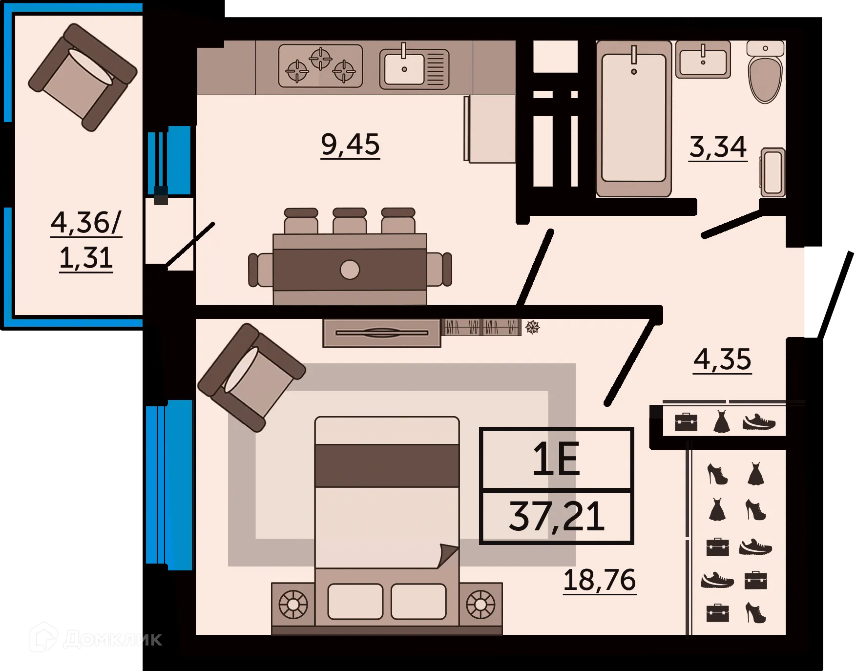 Планировка 1-комнатной квартиры 37.21 м² в ЖК "FOUR PREMIERS" (Фо Премьерс), г. Ростов-на-Дону — фото 1