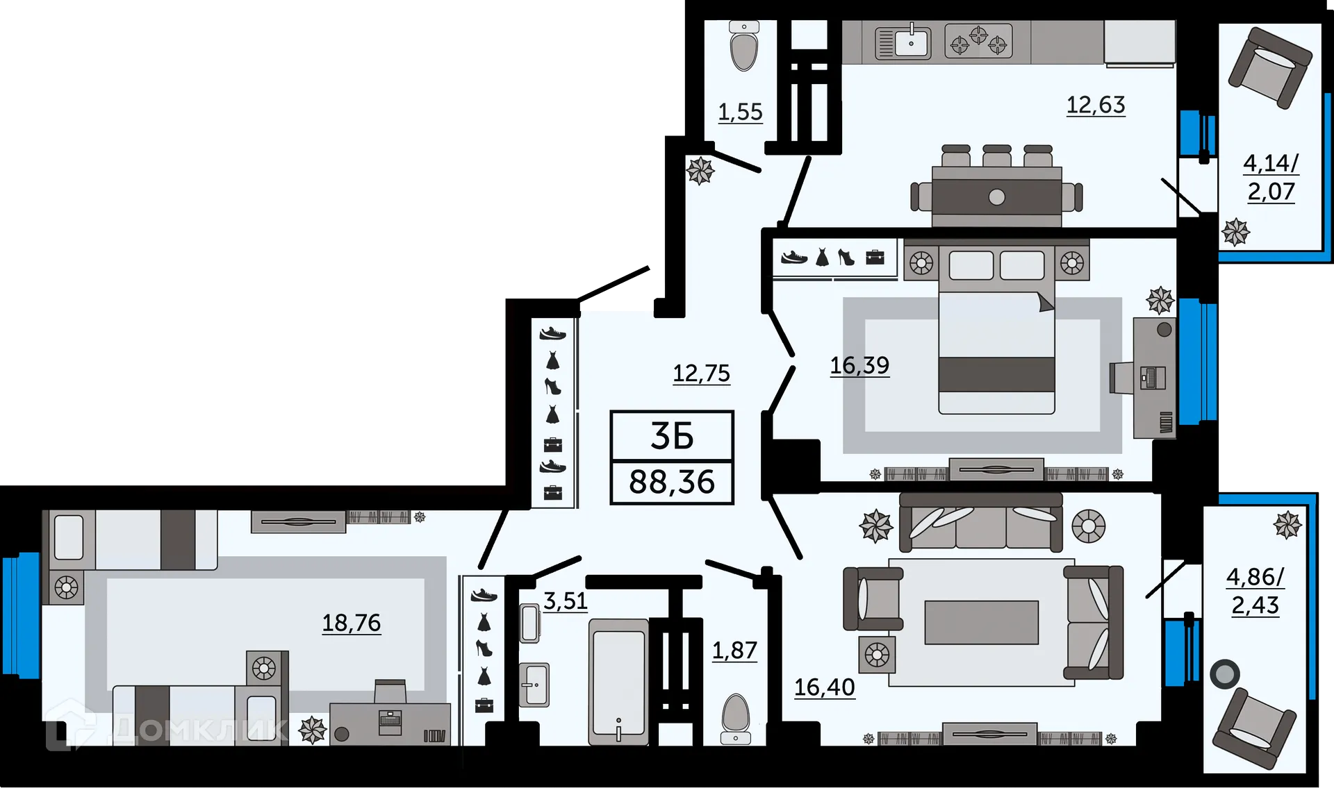 Планировка 3-комнатной квартиры 88.36 м² в ЖК "FOUR PREMIERS" (Фо Премьерс), г. Ростов-на-Дону — фото 1